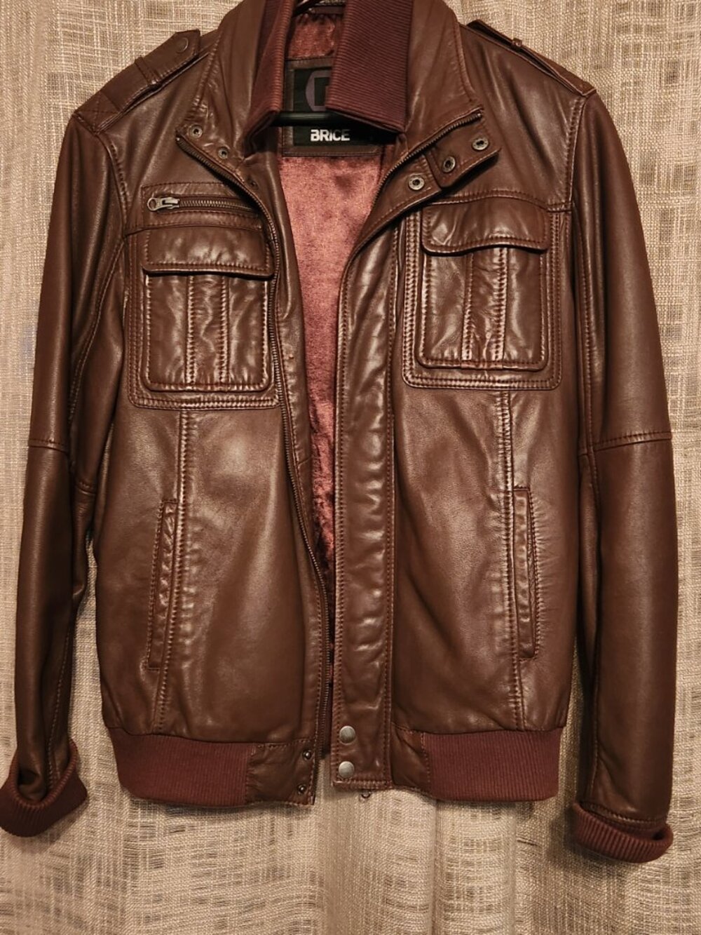 Brice Genuine Sheepskin Leather Bomber Jacket, Brown, Moto Style